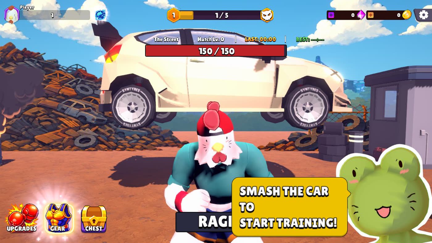 Beefcake: Smash. Muscle Chicken staat tegenover een auto op de autosloperij